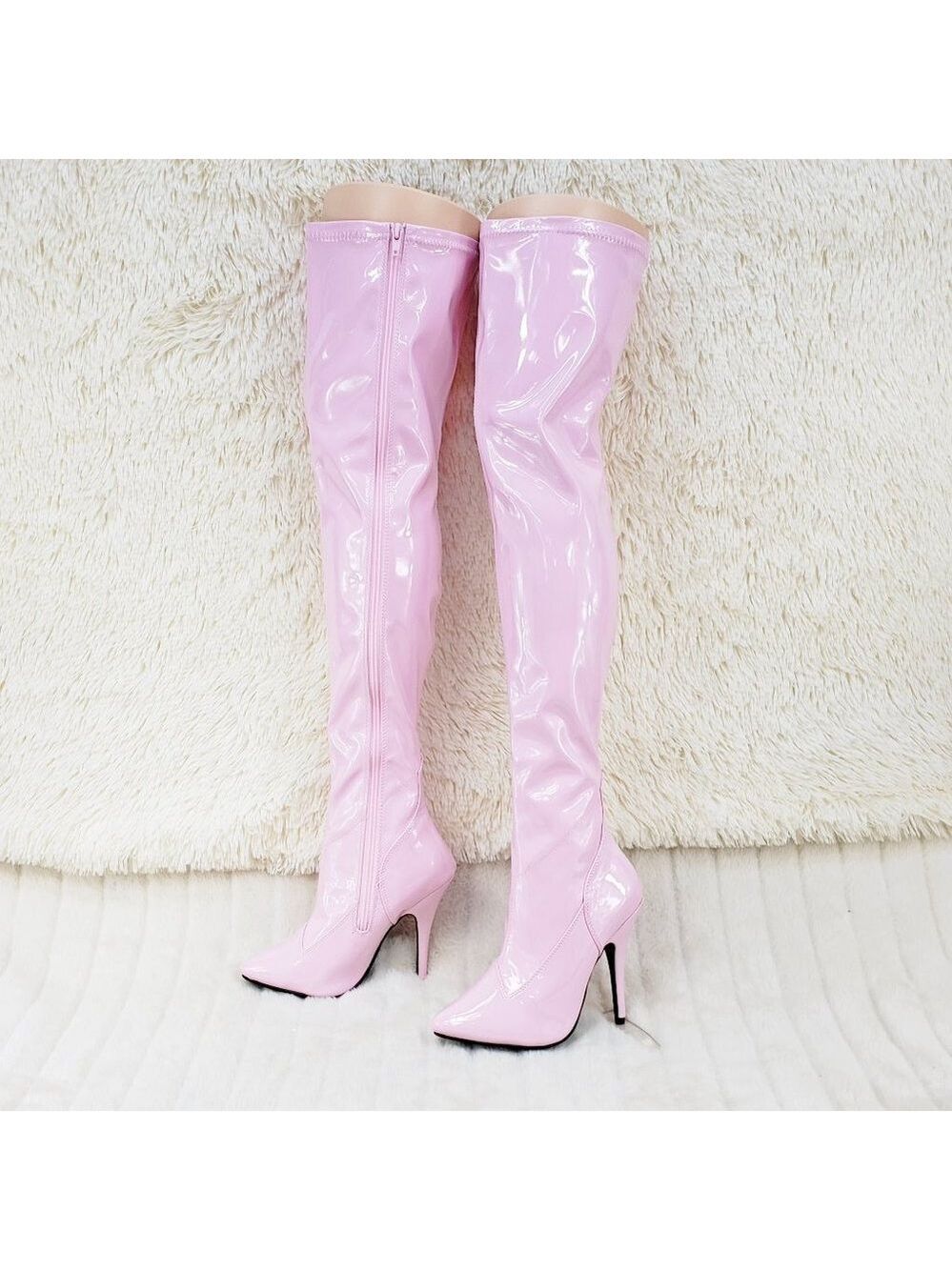 Baby Pink Stretch Patent Thigh High Boots